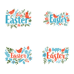 Hand drawn Happy Easter greeting lettering vector set, blue text, cute red bird in flowers and green leaves, sketch colorful illustration isolated on white festive title for design holiday postcard