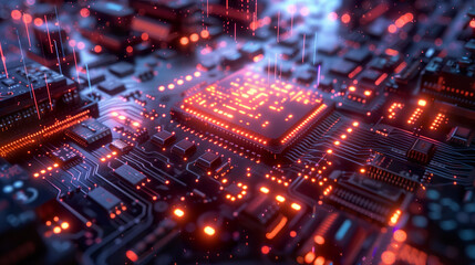 Obraz premium Illuminated circuit board with active data flow. 