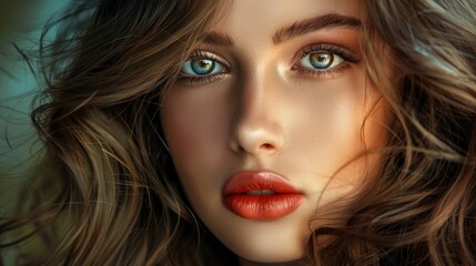 Fototapeta premium Stunning beautiful sensual woman with plump lips charming eyes and magnificent hair, professional studio fashion photo