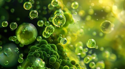 Close up of microscopic algae being studied for biofuel production with a focus on their lipid droplets under a light microscope