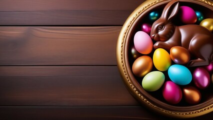 chocolate bunny with colorful Easter eggs on golden plate against wooden background, flat lay, top view. concepts: Easter celebrations, holiday decorations, edible treats, greeting cards, inviitations - Powered by Adobe