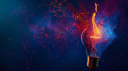 A vibrant light bulb with colorful flames shooting - obrazy, fototapety, plakaty