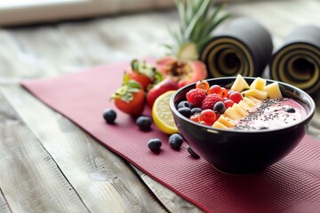 yoga mat with smoothie bowl and fruit for postworkout snack - obrazy, fototapety, plakaty