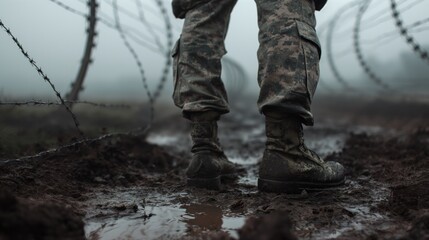 Closeup of the boots and pants of an soldier standing in mud  - obrazy, fototapety, plakaty