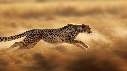 A cheetah is running through a field of tall grass
