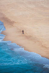 Aerial view of the silhouette of a person walking along the shore of a sandy beach
