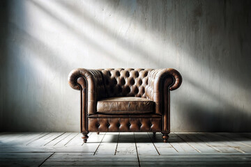 Vintage Elegance: Aged Leather Chesterfield Armchair for Classic Interior Decor - obrazy, fototapety, plakaty