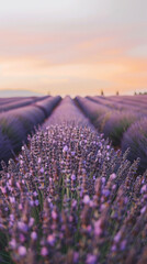A serene image showcasing lavender fields with a beautiful sunset in the background, giving a tranquil and calming effect