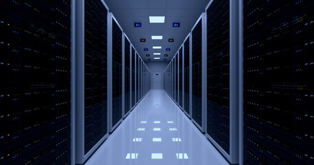 Modern AI Server Room Environment. Computer Racks All Around. Futuristic Data Center. Technology Related 3D Illustration Render. - obrazy, fototapety, plakaty