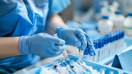  phlebotomist preparing blood draw equipment focusing on the meticulous process of sample collection