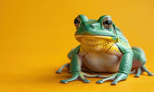 Enigmatic frog with vivid green hues contrasts against a cheerful yellow backdrop, symbolizing the elusive February 29th