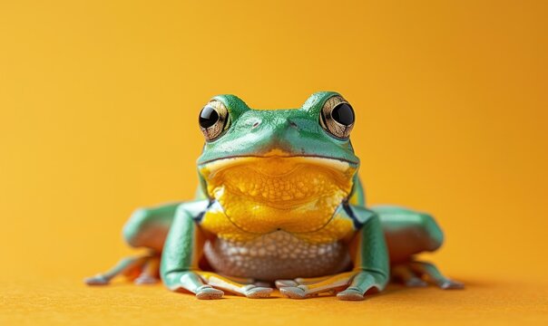 Green amphibian rests on a bright yellow background, epitomizing the concept of Leap Day in February