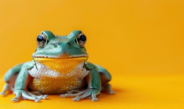 Vibrant green frog sits gracefully on a sunny yellow backdrop, symbolizing the rare occurrence of February 29th in a leap year