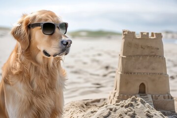golden retriever in sunglasses near a sandcastle