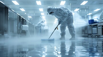 Realistic depiction of a technician using specialized cleaning tools to maintain the sterility of a cleanroom floor