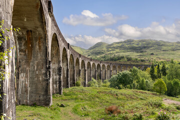 An Glenfinnan Viaduct arches gracefully across a lush landscape, with rolling hills and verdant...