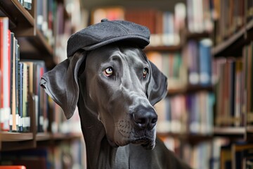 great dane in a cap, standing in a library aisle