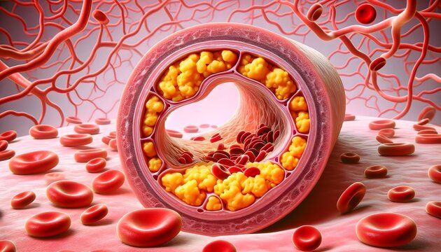artery with substantial plaque buildup restricting blood flow, surrounded by a network of capillaries and red blood cells. 3d illustration.