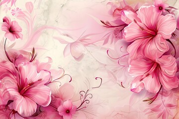 Pink color flowers and branch on a light pink background.