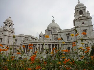 Fototapeta na wymiar Vibrant flowers in front of Victoria Memorial, Kolkata, India