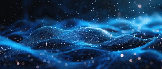 Obraz premium Wave of dots and weave lines. Abstract blue background for design on the topic of cyberspace, big data, metaverse, network security, data transfer on dark blue abstract cyberspace background