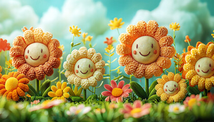 3d Animation cartoon happy spring flowers smiling. Animated background colorful spring flowers. Colorful summer garden with sunlight shining. - obrazy, fototapety, plakaty