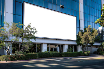 Large horizontal blank advertising poster billboard banner mockup in front of building in urban city; digital light box display screen for OOH media. 12 sheet out-of-home.