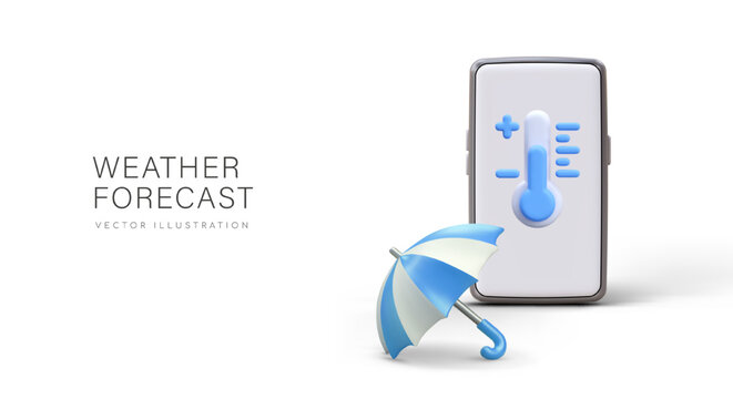 Advertising of weather forecast phone application. Realistic smartphone with thermometer