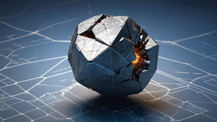 shattered geometric sphere on blueprint - obrazy, fototapety, plakaty