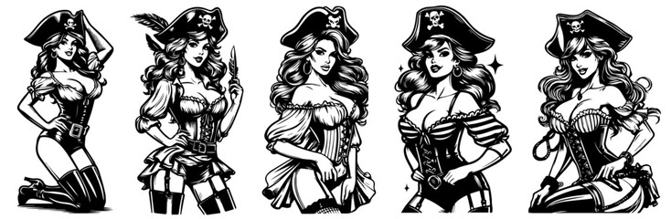 pin-up pirate girls, adventurous and charming, black vector illustration