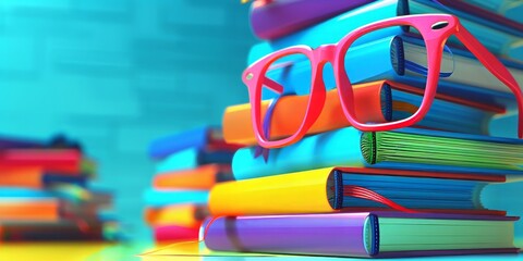Vibrant stack of books with pink glasses, a playful and colorful academic setting with a modern twist.