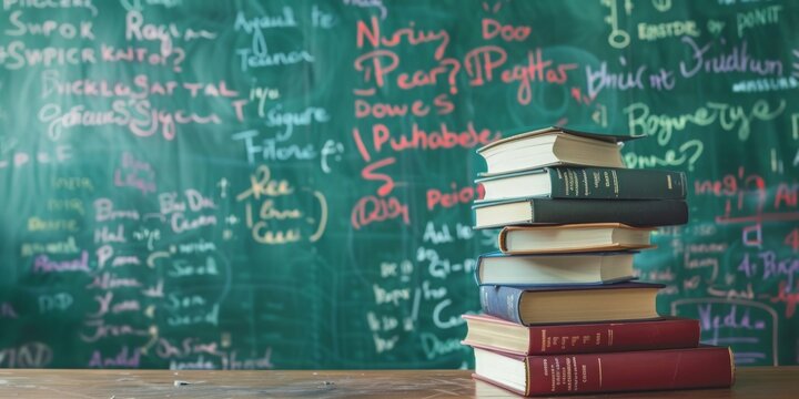 Stack of books on a desk with copyspace on a green chalkboard filled with colorful equations.