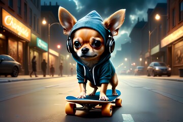 a teenage Chihua dog rides a skateboard on the street in the evening. - obrazy, fototapety, plakaty