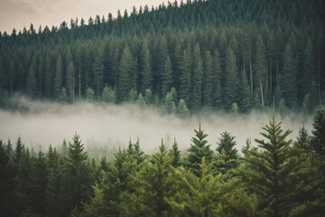 Misty landscape with fir forest in hipster vintage retro style - obrazy, fototapety, plakaty