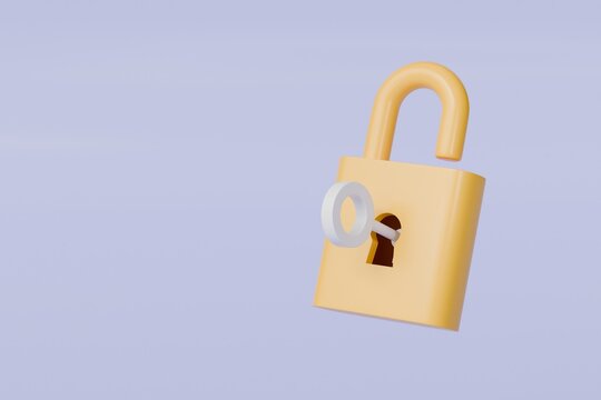 3d Padlock with key icon isolated on purple pastel background. Data protection, private access icon, password security access, privacy protection, personal information. Security concept. 3d rendering.