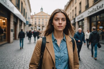 Young woman walking through a public place