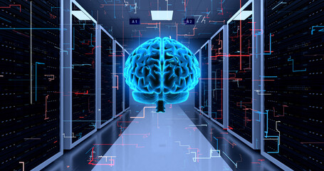 Network Server Racks In a Modern Data Center. AI Brain Analyzing. Technology Related 3D Illustration Render. - obrazy, fototapety, plakaty