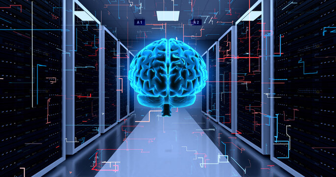 Network Server Racks In a Modern Data Center. AI Brain Analyzing. Technology Related 3D Illustration Render.