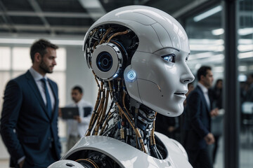 Fototapeta premium Close-up of a humanoid robot in an office setting, with business professionals in the background.
