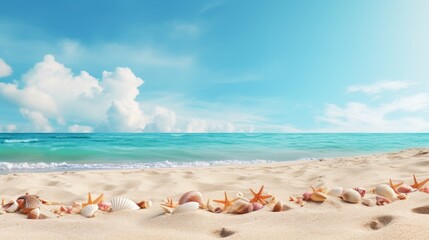 Fototapeta na wymiar Tranquil coastal beauty seashells on sandy beach, serene shoreline view travel inspiration