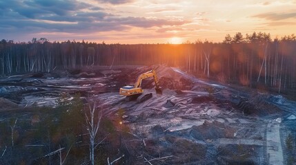 Working Excavator on Site with Beautiful Sunset. Loading, Field, Dig, Sunrise, Sun, Tractor, Excavation, Land, Project, Machine, Bulldozer, Industrial, Heavy, Vehicle, Work, Dirt
 - obrazy, fototapety, plakaty