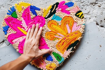 hand arranging a heartshaped doormat with bright floral patterns