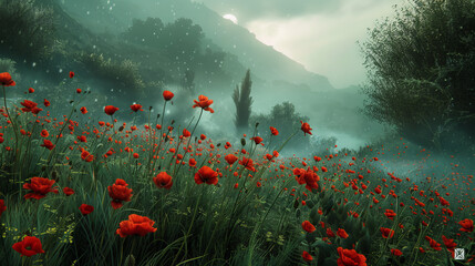 Obraz premium Dreamlike scenery of red poppies blanketing a field with the backdrop of foggy, mystical mountains and gentle sunlight peeking through