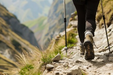 person with walking poles on a steep mountain path - obrazy, fototapety, plakaty