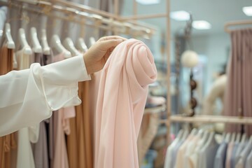 person adjusting a light pink hijab on a rack in a boutique setting - obrazy, fototapety, plakaty