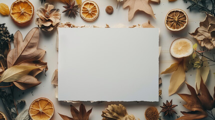 top view of dried fruits and white card with copy space - obrazy, fototapety, plakaty