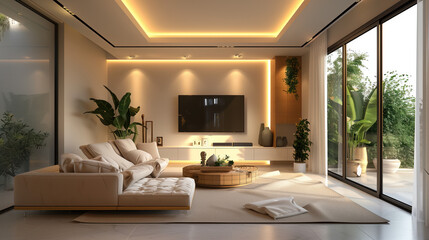 Spacious modern living room in beige theme with big screen, plants, and garden view