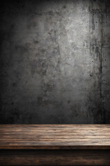 Old wood table with blurred concrete block wall in dark room background