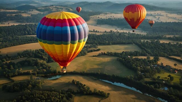 Colorful hot air balloons flying over landscape