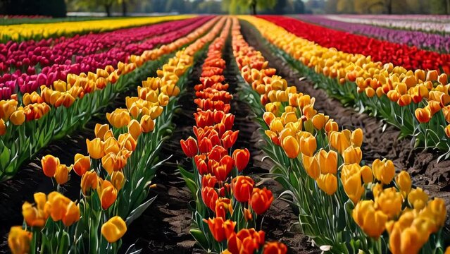 Vibrant rows of tulips in a flower field